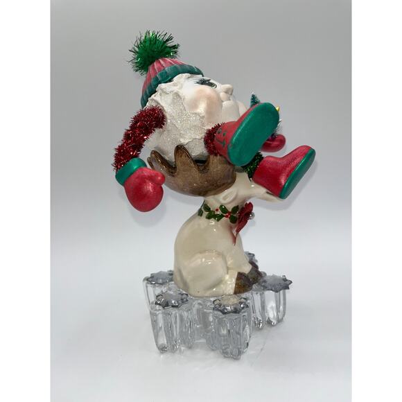 Vintage Ceramic Snowball Sitting in Rudolphs Antlers Mikasa Glass Snowflake OOAK - Picture 7 of 16